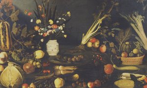 Stilleven van bloemen, fruit en groenten, ca. 1594